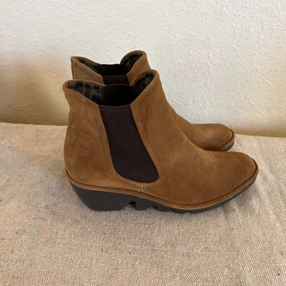 Fly London Leather Phil Camel Suede Mid Wedge Chelsea Ankle Boots Sz 7.5 -8 - Picture 12 of 13